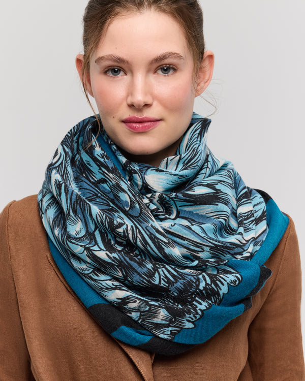 Blue Merino Wool Scarf with Animal Pattern - Mysterra
