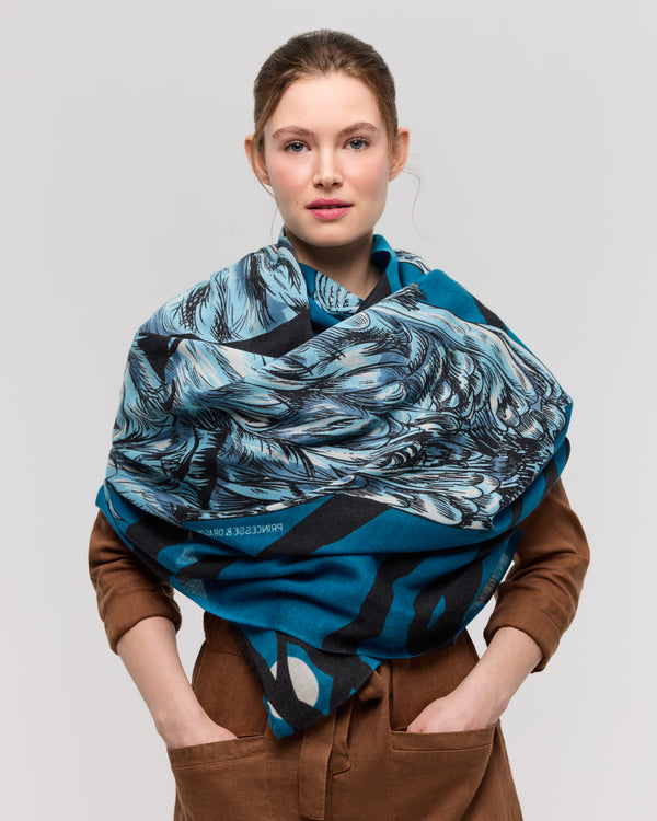 Écharpe laine merinos motif animalier bleu - Mysterra