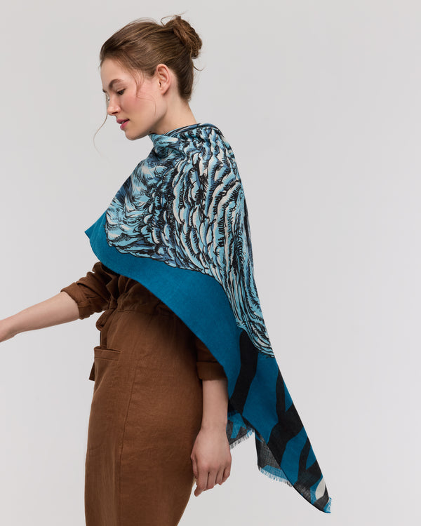Écharpe laine merinos motif animalier bleu - Mysterra