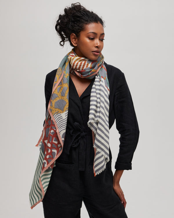 Olive green and saffron yellow merino wool scarf - Céleste