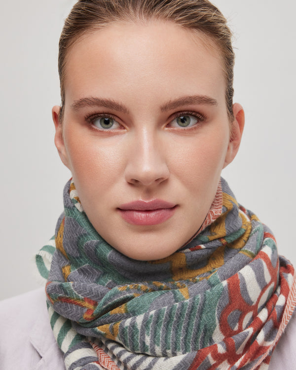 scarf-olive-green-grey-purple-merino-wool-handcrafted-subtle-relief-chevron-pattern-worn-with-style