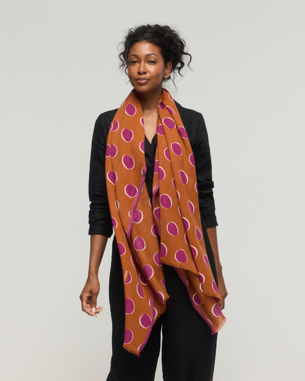 Merino Wool Scarf Halo in caramel and purple with polka dots – Princess and Dragon Montreal