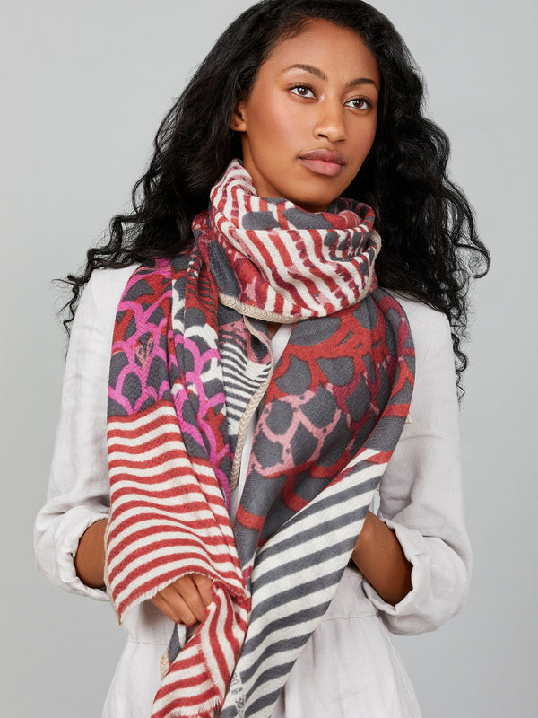 scarf-red-purple-merino-wool-handcrafted-subtle-relief-chevron-pattern-worn-with-style