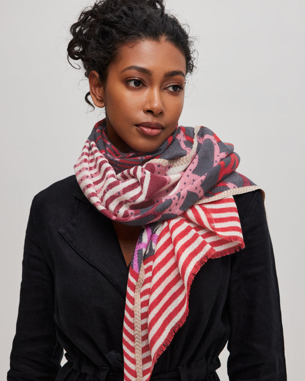 Red-scarf-merino-wool-subtle-chevron-weave-worn-with-style