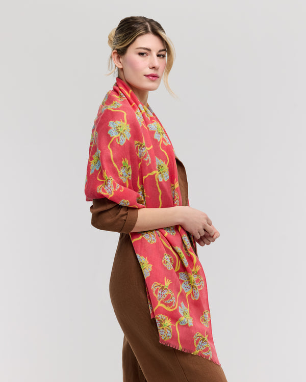 Écharpe floral en laine mérinos rose et jaune - Lily