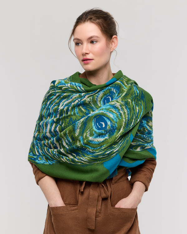Écharpe laine merinos motif animalier vert - Mysterra