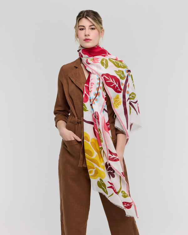 Foulard de coton motif floral rose & jaune - Le Baie-Mahault