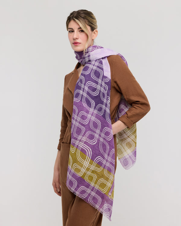Purple and khaki linen and cotton scarf - Rivage