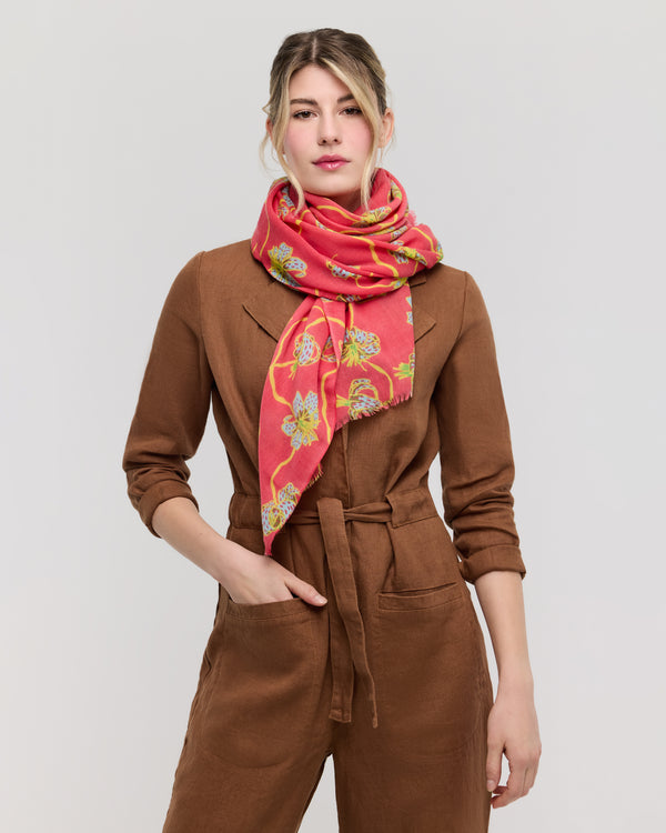Écharpe floral en laine mérinos rose et jaune - Lily