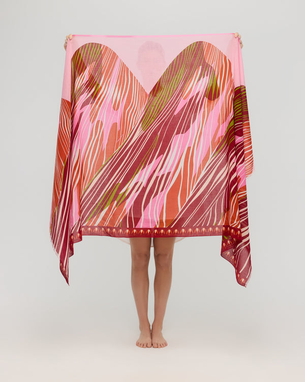Large cotton scarf with red, pink and orange abstract pattern shown unfolded, Princesse & Dragon Montréal
