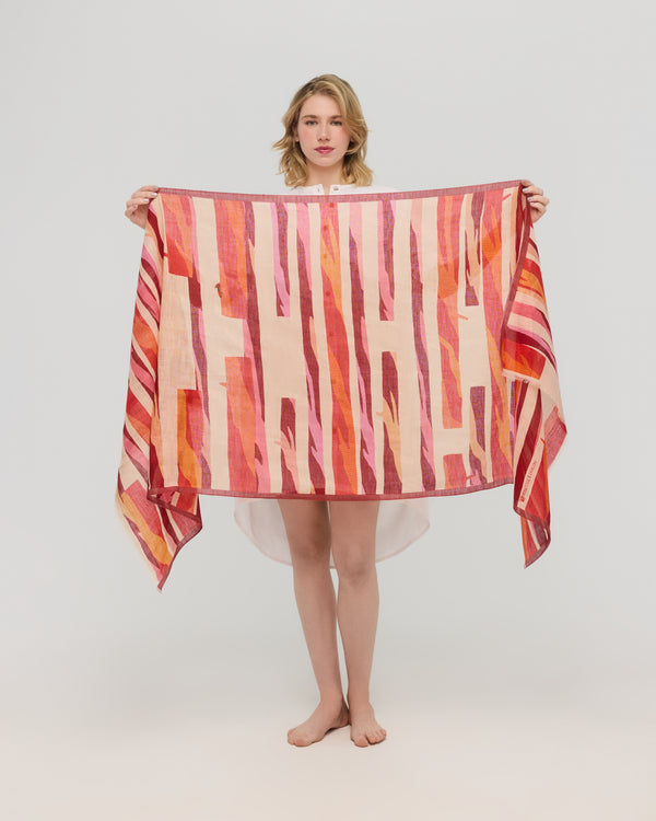 Red orange graphic scarf shown unfolded, Princesse & Dragon Montréal