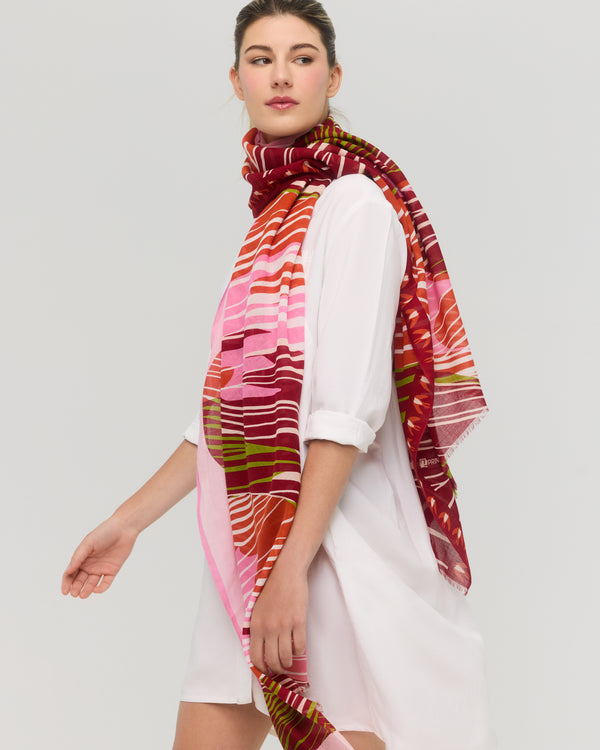 Graphic cotton scarf in red, pink and orange worn around the neck, spring summer collection Princesse & Dragon Montréal