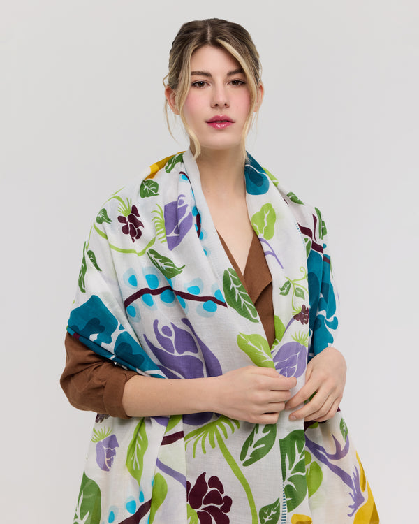 Foulard floral en coton vert et bleu - Le Baie-Mahault