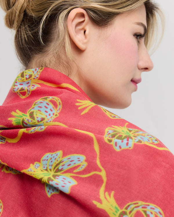 Écharpe floral en laine mérinos rose et jaune - Lily