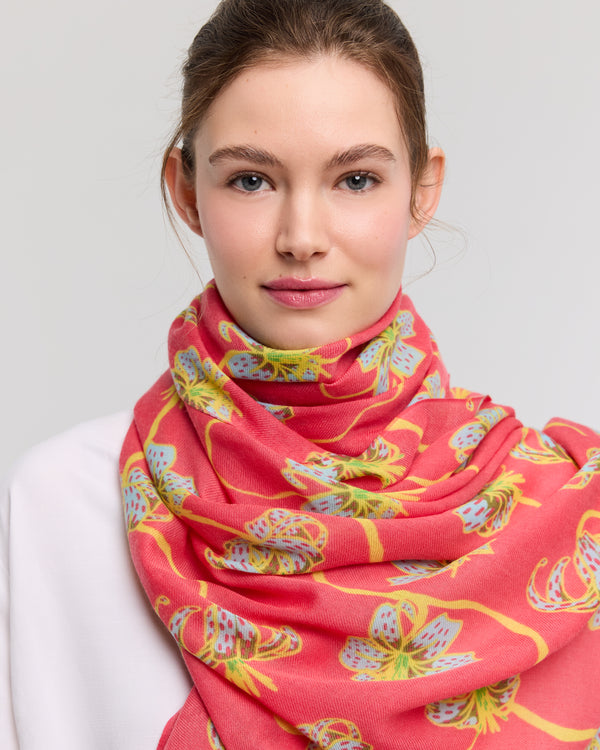Floral Merino Wool Scarf - Pink and Yellow - Lily