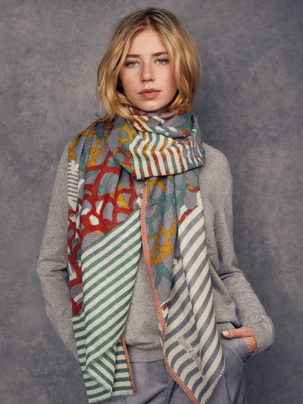 scarf-olive-green-grey-purple-merino-wool-handcrafted-subtle-relief-chevron-pattern-worn-with-style