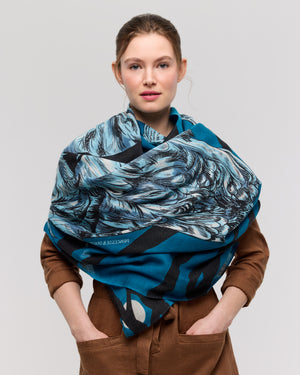 Blue Merino Wool Scarf with Animal Pattern - Mysterra