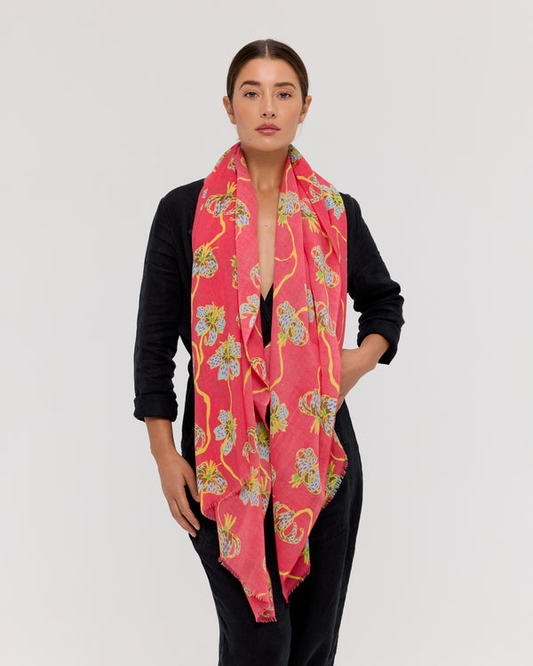 Foulard floral en laine mérinos rose et jaune - Lily