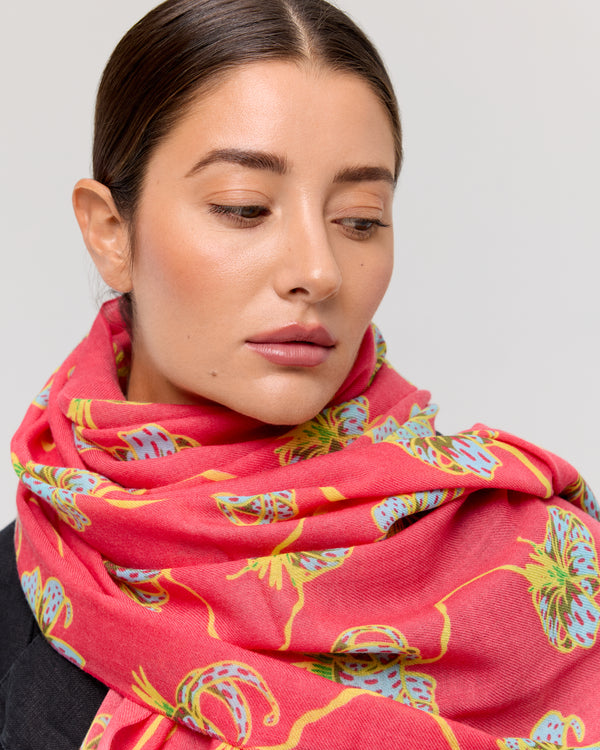 Foulard floral en laine mérinos rose et jaune - Lily