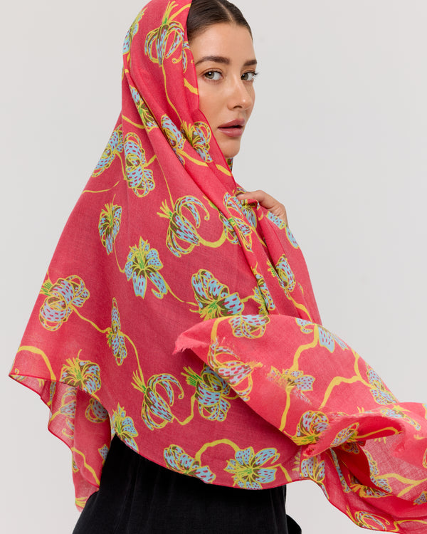 Foulard floral en laine mérinos rose et jaune - Lily