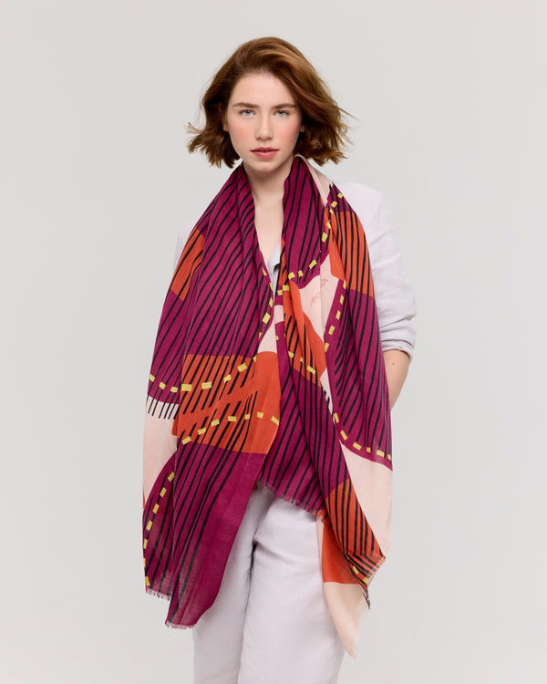 Foulard laine merinos violet et orange - Soleil