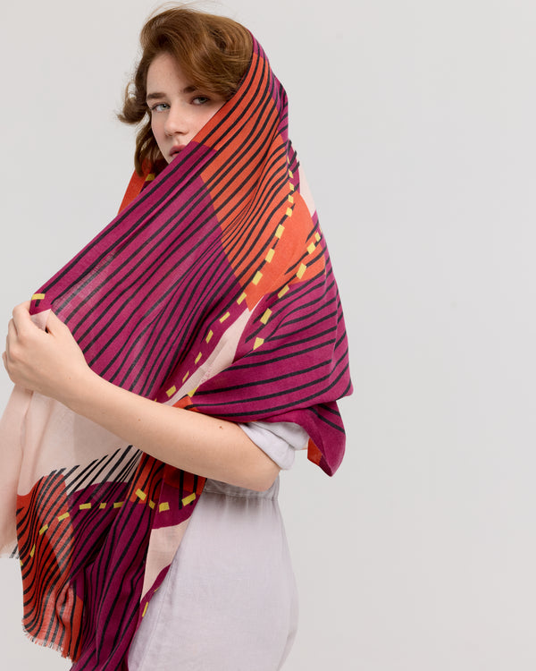 Foulard laine merinos violet et orange - Soleil