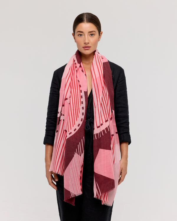 Foulard laine mérinos rose et bordeaux - Soleil