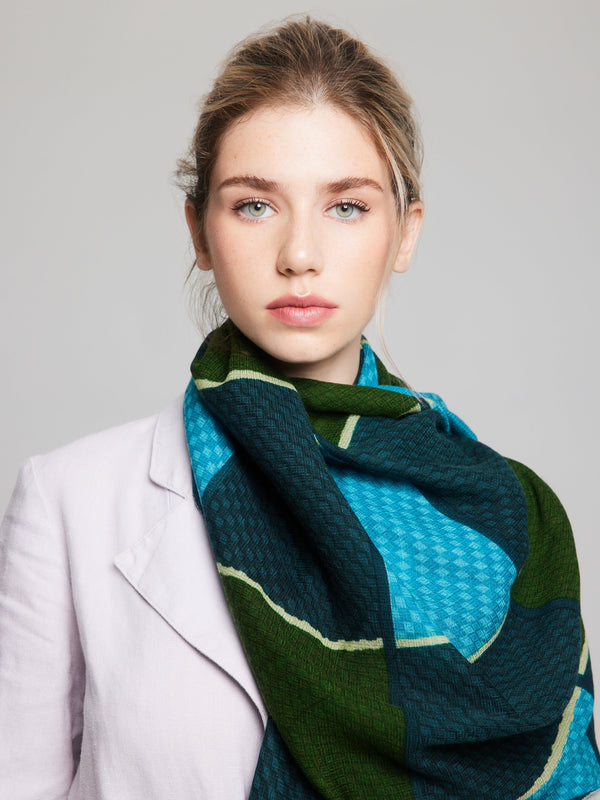 Workshop sale - Khaki, teal and turquoise merino wool scarf - Large Losange