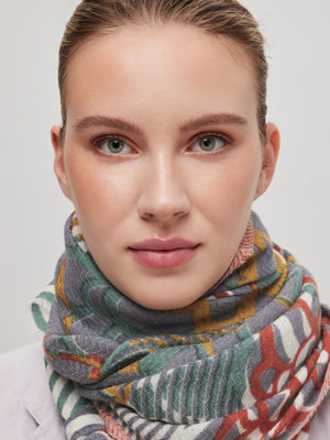 scarf-olive-green-grey-purple-merino-wool-handcrafted-subtle-relief-chevron-pattern-worn-with-style
