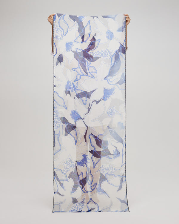Foulard floral en lin et coton Bleu et blanc - Sendai
