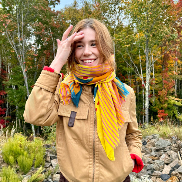 Foulard laine merinos jaune et bleu - Soleil