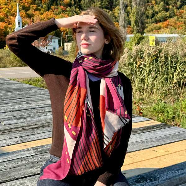 Foulard laine merinos violet et orange - Soleil