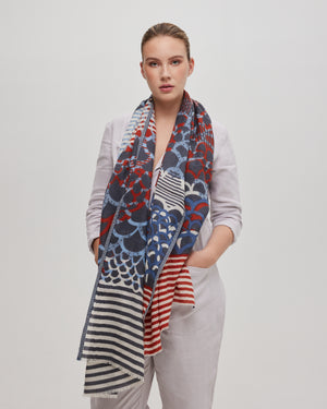 Blue and cognac merino wool scarf - Céleste