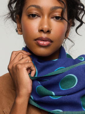 Merino Wool Scarf Halo in blue with green polka dots – Princess and Dragon Montreal