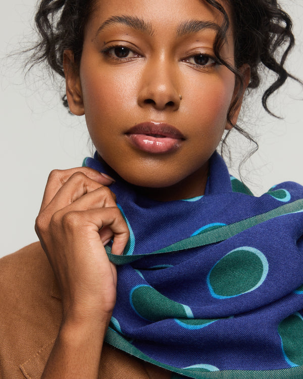 Merino Wool Scarf Halo in blue with green polka dots – Princess and Dragon Montreal