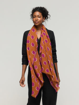 Merino Wool Scarf Halo in caramel and purple with polka dots – Princess and Dragon Montreal