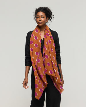 Merino Wool Scarf Halo in caramel and purple with polka dots – Princess and Dragon Montreal
