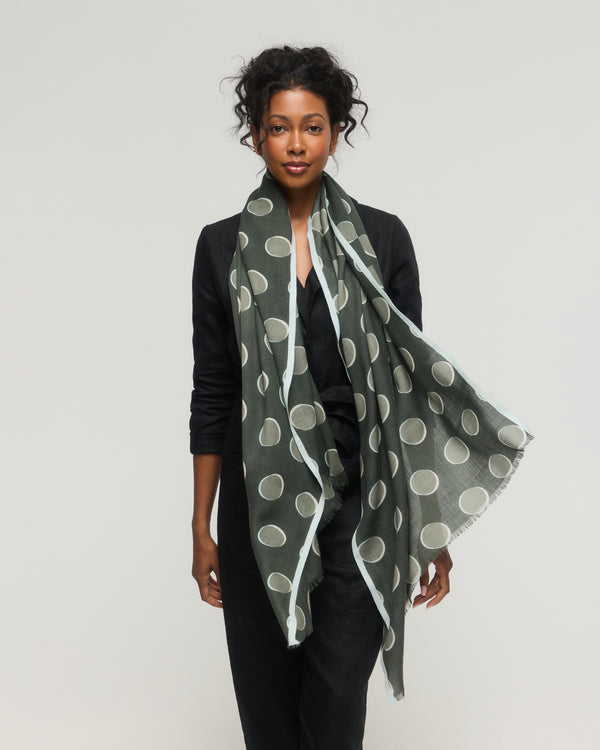 Merino Wool Scarf Halo in shades of green with polka dots – Princess and Dragon Montreal