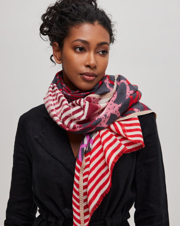 Red-scarf-merino-wool-subtle-chevron-weave-worn-with-style