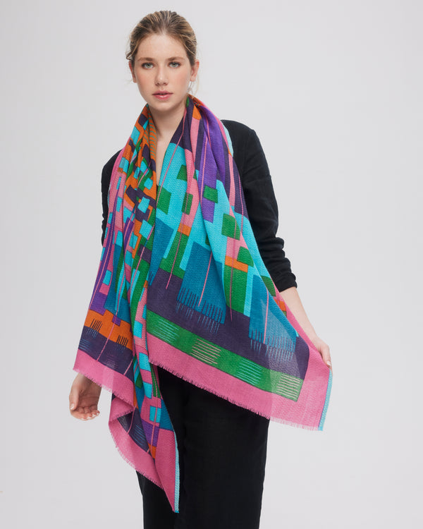 Scarf-Vibrant-Colors-Merino-Wool-Geometric-Pattern-Princesse-Dragon