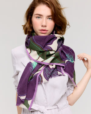 Floral merino scarf in khaki, violet, and cream with chevron accents and polka dots on flower petals, handcrafted by Princesse & Dragon. Elegant and delicate design.