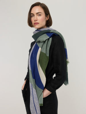  Grande écharpe d’hiver Sillage bleu, vert et écru à rayures