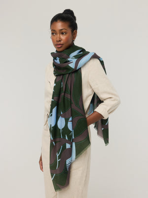 Grande écharpe femme en laine mérinos bleu et vert à motif graphique