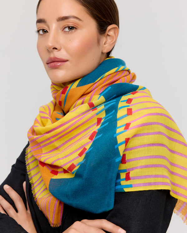 Foulard laine merinos jaune et bleu - Soleil