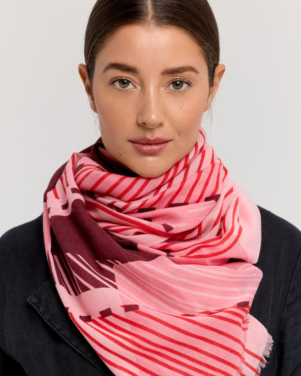 Foulard laine mérinos rose et bordeaux - Soleil