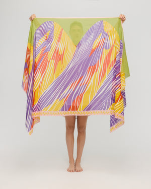 Large yellow and purple cotton scarf shown unfolded, Princesse & Dragon Montréal