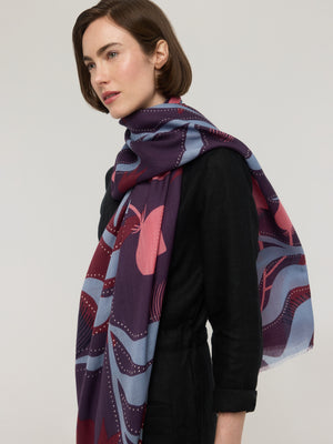 Écharpe en laine mérinos bleu, bordeaux et violet - Canopée