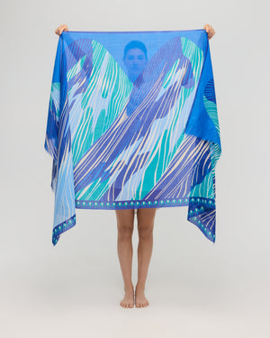 Large blue turquoise cotton scarf shown unfolded Princesse & Dragon Montréal