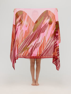 Large cotton scarf with red, pink and orange abstract pattern shown unfolded, Princesse & Dragon Montréal