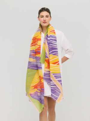 Yellow, purple and orange cotton scarf worn around the neck, Princesse & Dragon Montréal